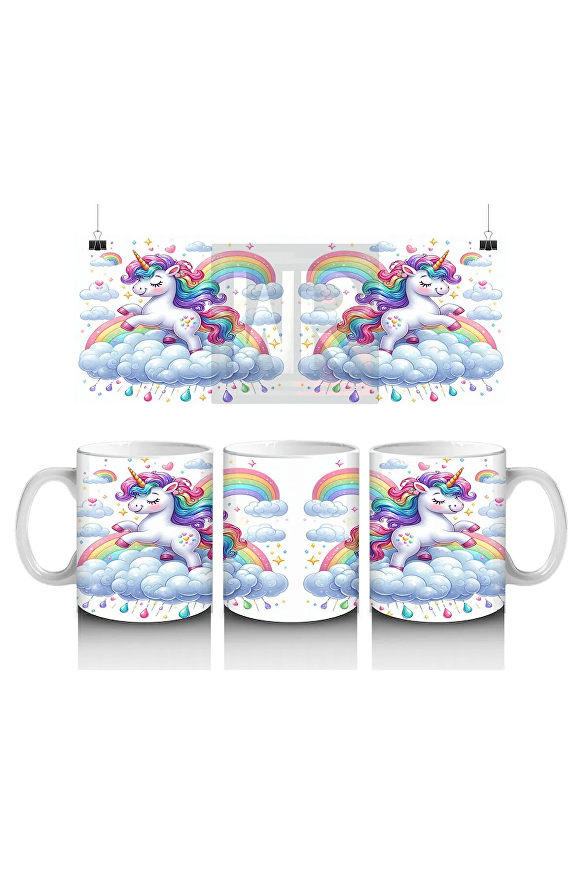 Çocuklara Sütü Sevdiren Gökkuşağında Koşan Sevimli Unicorn Desenli Kupa Bardak