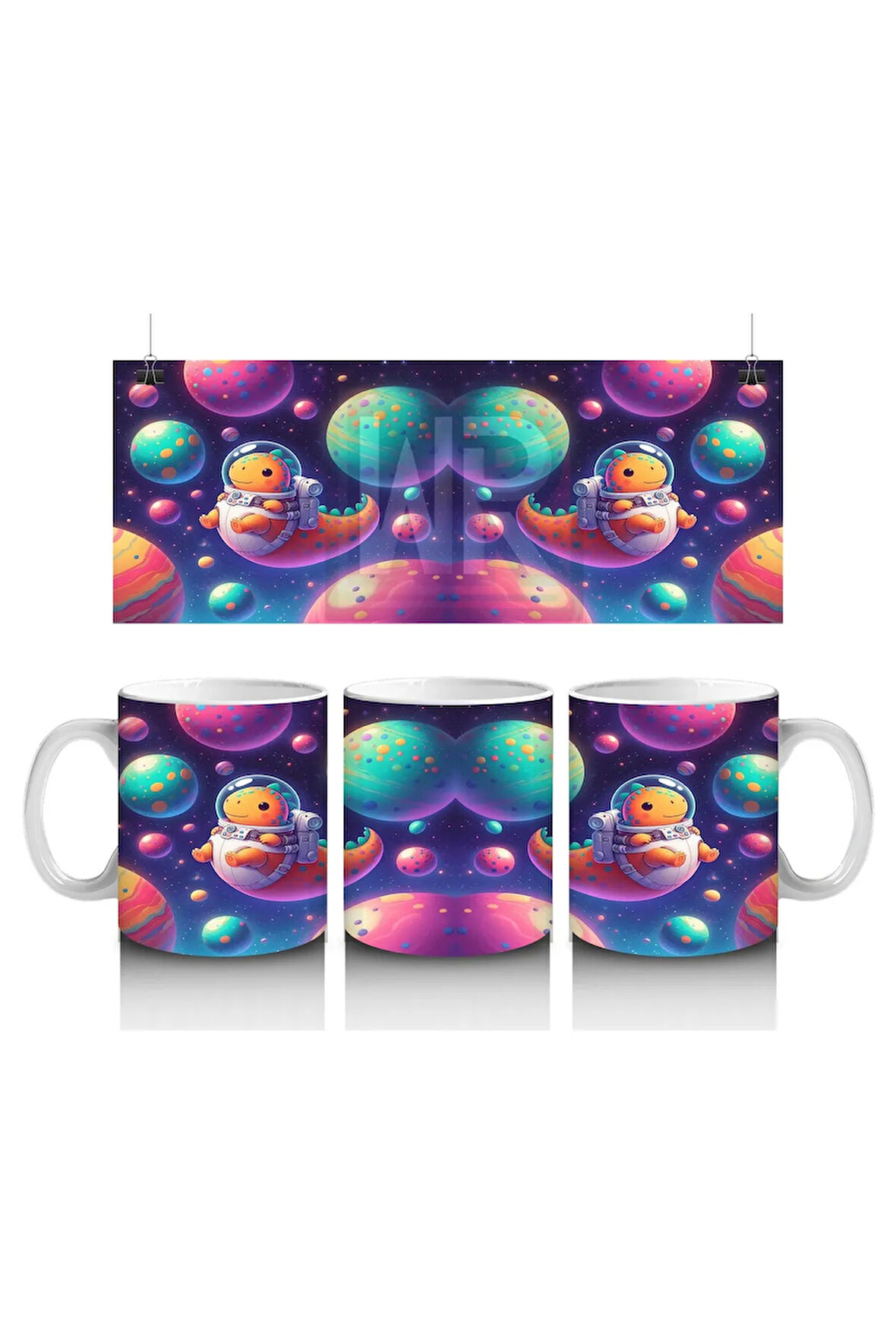 Çocuklara Sütü Sevdiren Astronot Dinozor ve Renkli Gezegenler Desenli Kupa Bardak