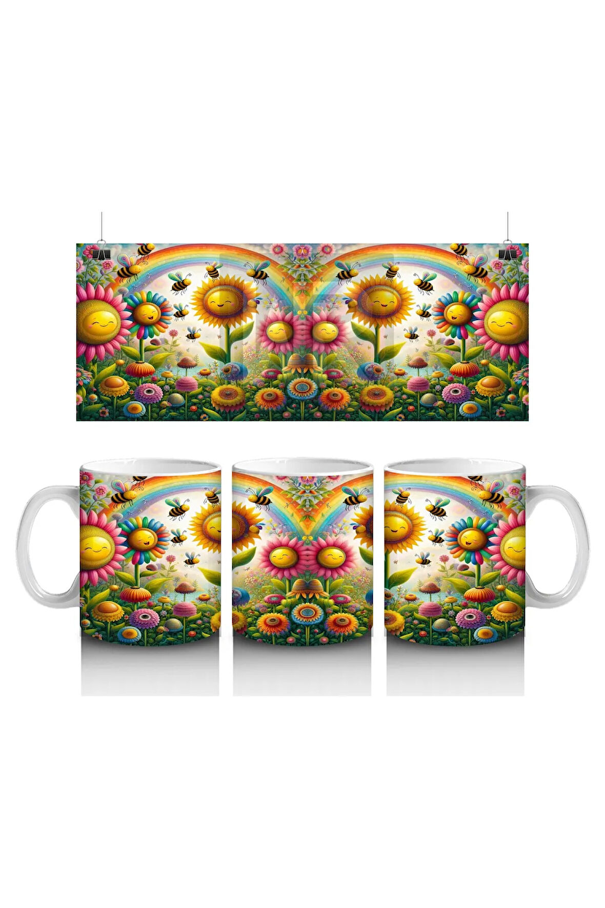 Çocuklara Sütü Sevdiren Gökkuşağı Altında Neşeli Çiçekler ve Arılar Desenli Kupa Bardak