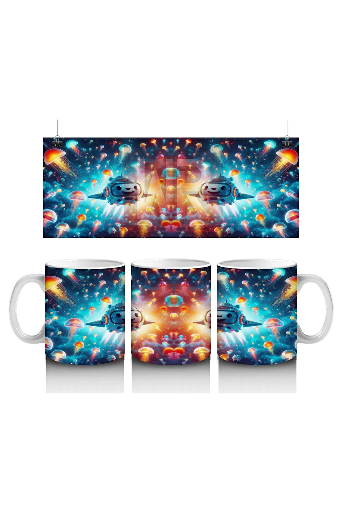 Çocuklara Sütü Sevdiren Denizaltı Roketleri ve Işık Saçan Denizanası Ormanı Desenli Kupa Bardak