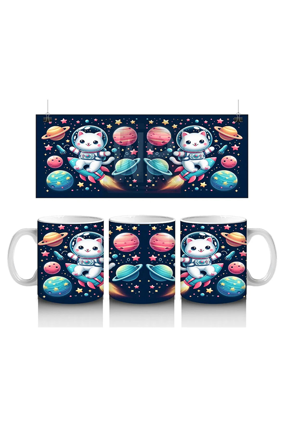 Çocuklara Sütü Sevdiren Roketle Uçan Astronot Kedi Desenli Kupa Bardak