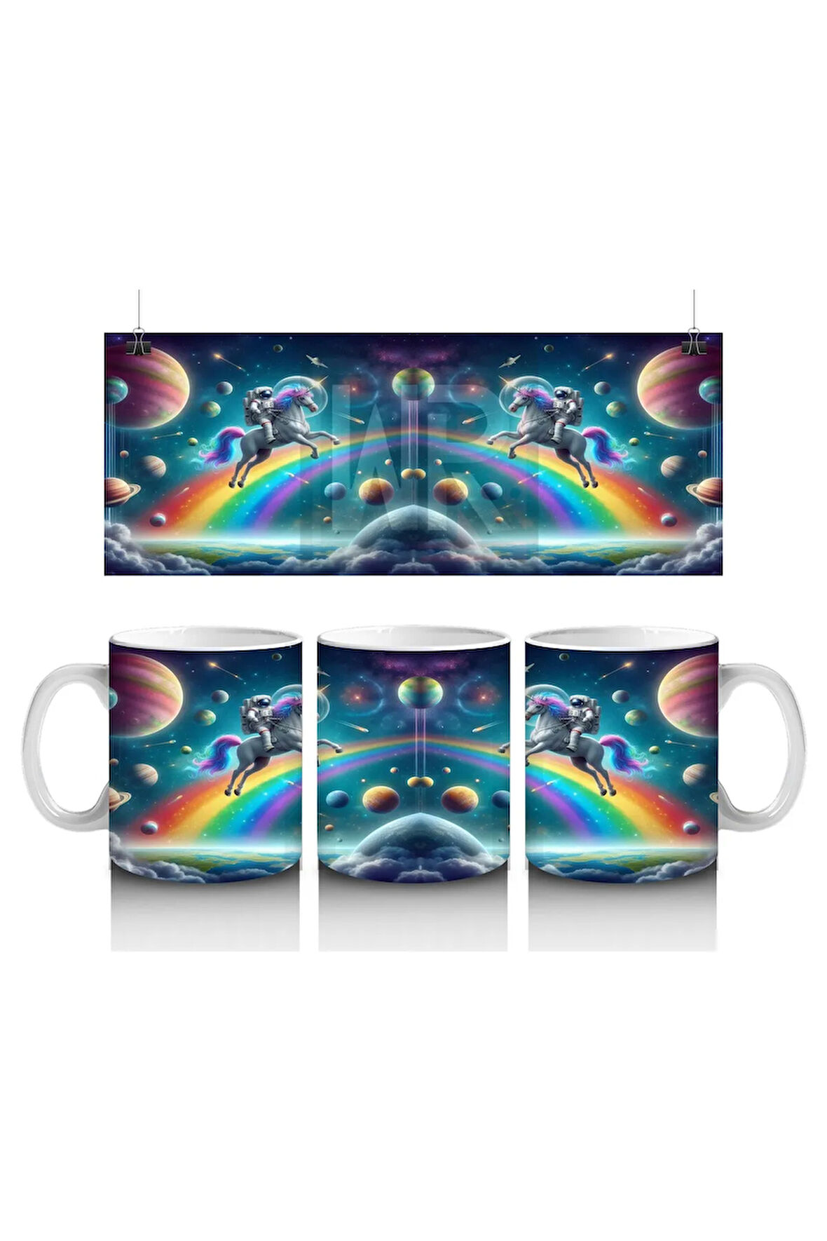 Çocuklara Sütü Sevdiren Uzayda Gökkuşağı ve Astronot Unicorn Desenli Kupa Bardak