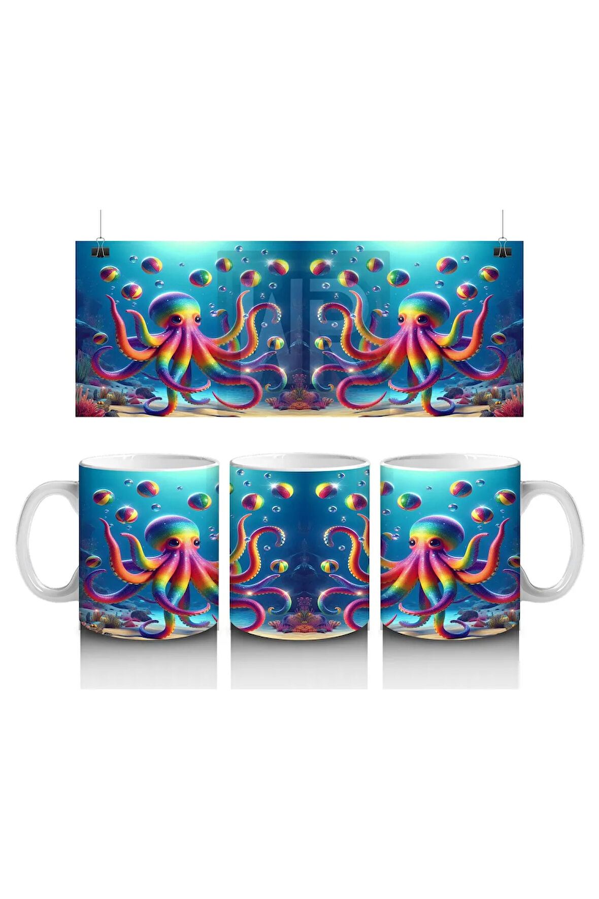 Çocuklara Sütü Sevdiren Renkli Ahtapot ve Baloncuklar Desenli Kupa Bardak