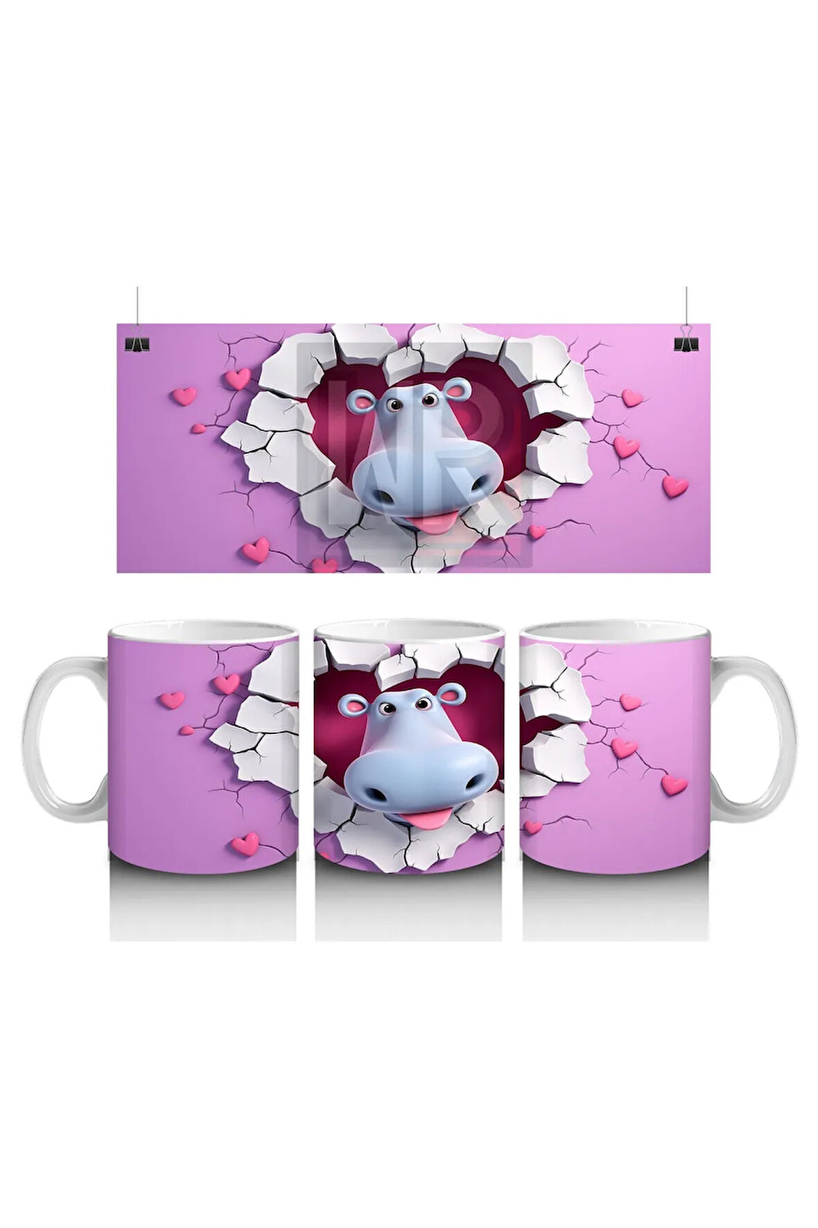 Çocuklara Sütü Sevdiren Kalp Çerçevesindeki Meraklı Su Aygırı Kupa Bardak