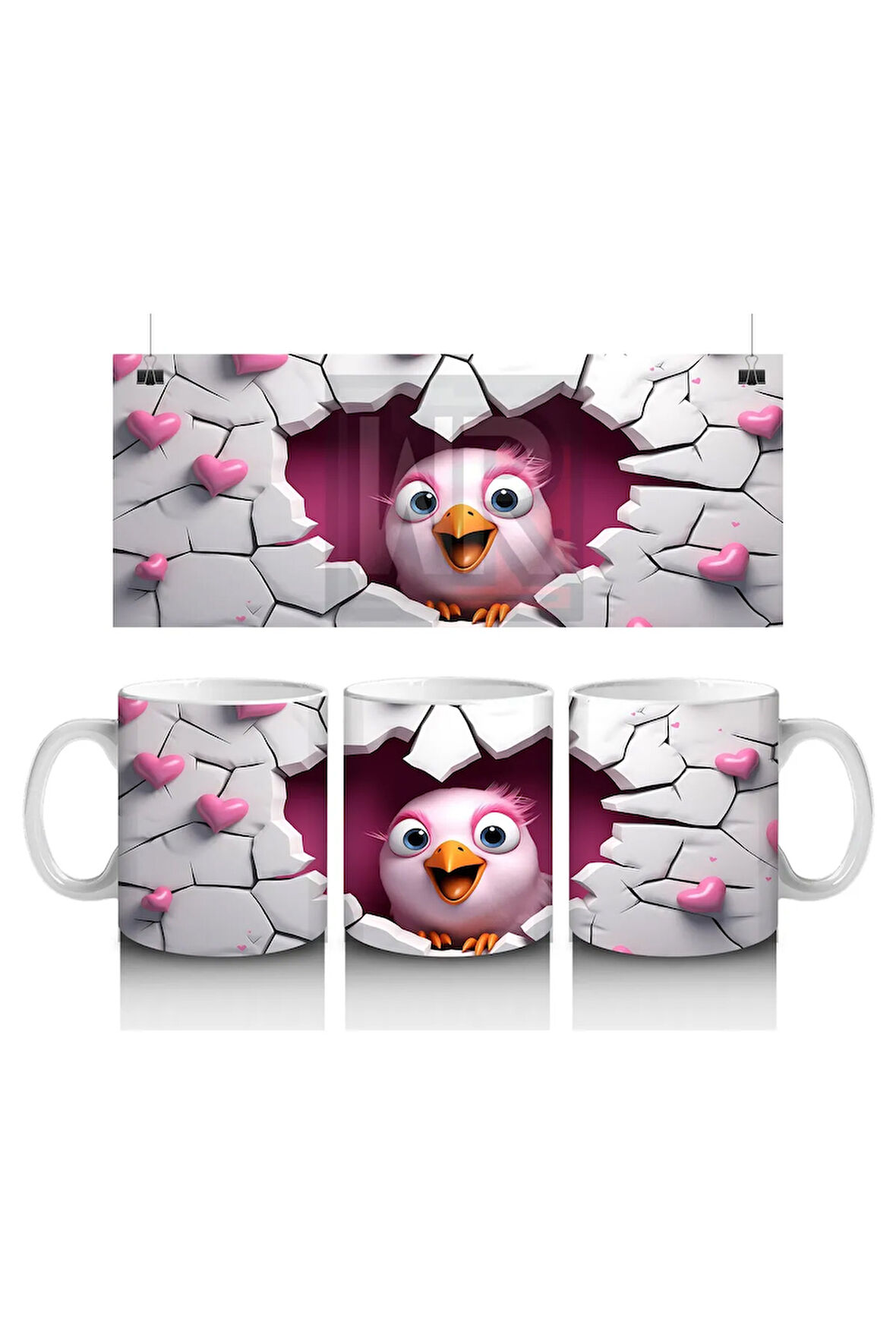 Çocuklara Sütü Sevdiren Kalp Çatlağından Bakan Pembeli Kuş Kupa Bardak