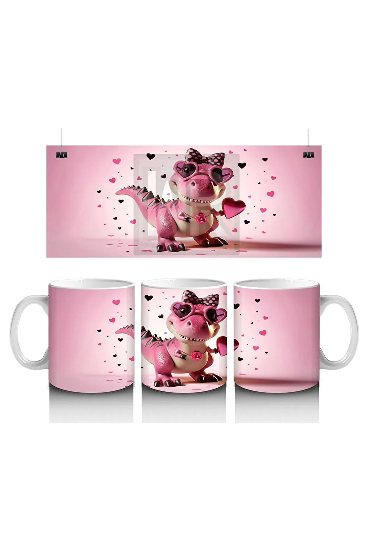 Çocuklara Sütü Sevdiren Kalp Çerçevesinden Bakan Pembe Dinozor Kupa Bardak