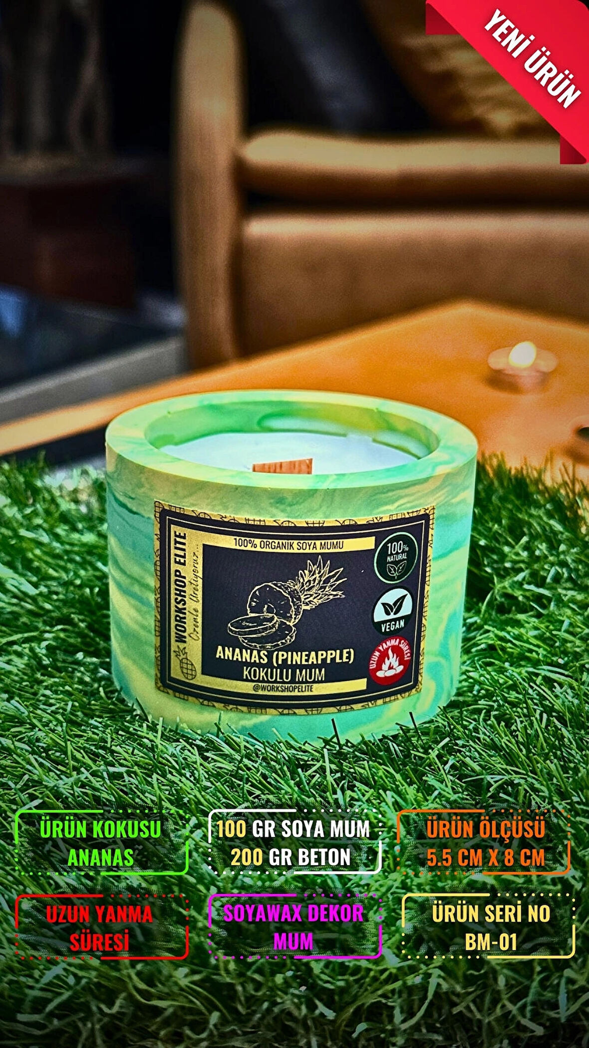 Workshop Elite Aroma Terapi Ananas Kokulu Soya Wax Mumları 