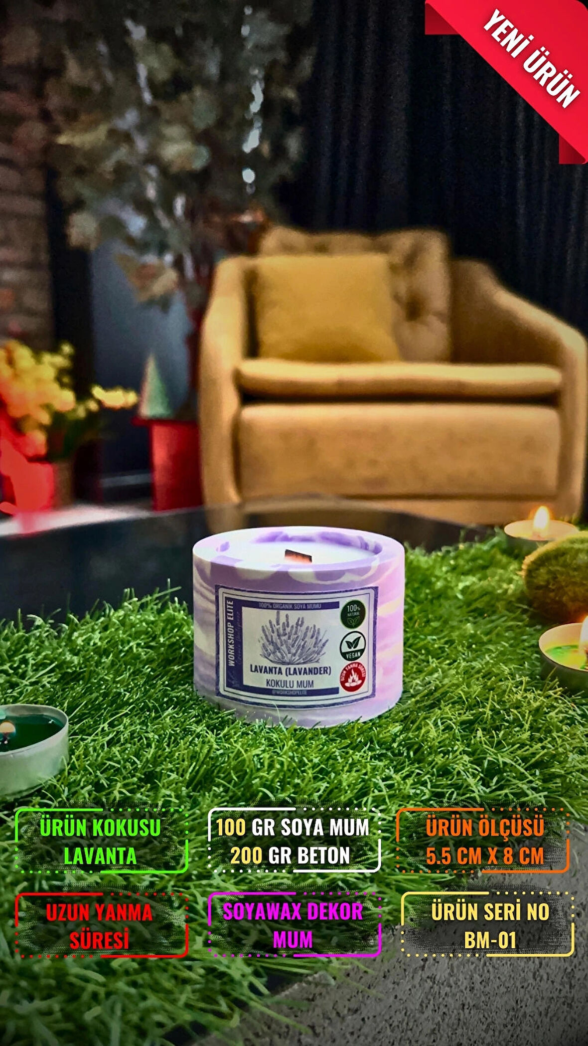 Workshop Elite Aroma Terapi Lavanta Kokulu Soya Wax Mumları 