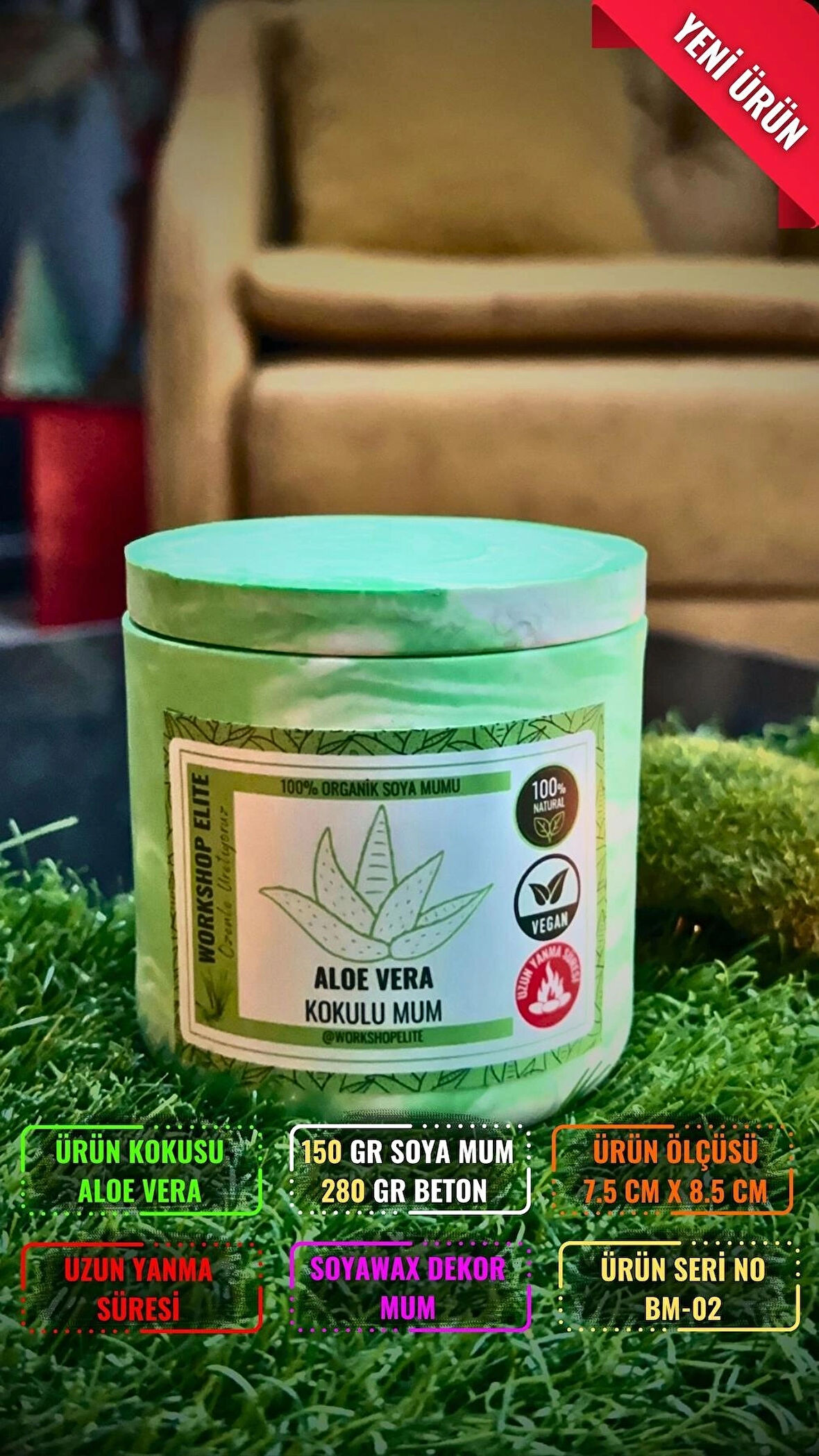 Workshop Elite Aroma Terapi Uzun Boy Kapaklı Soya Wax Aloe Vera Kokulu Mum