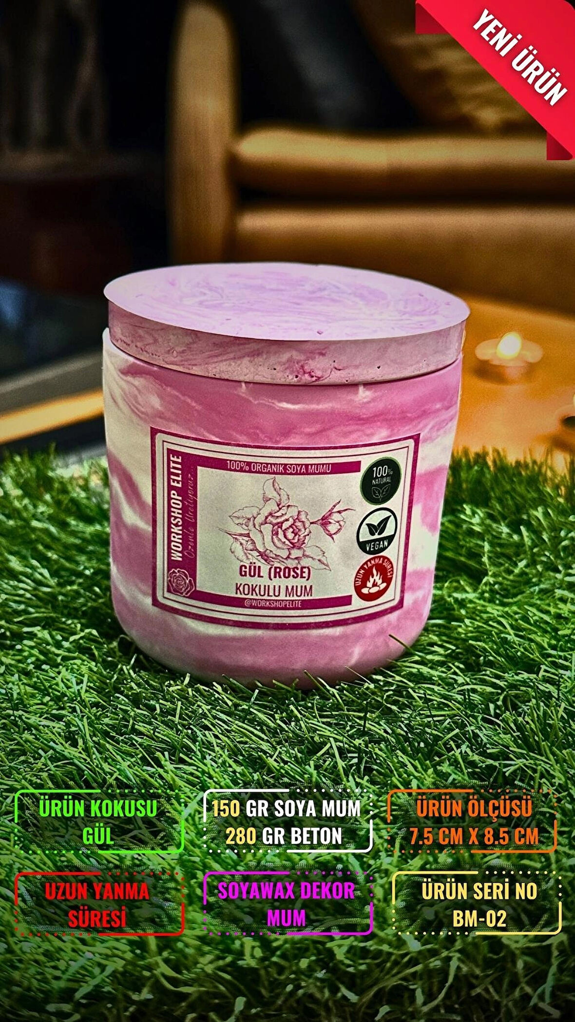 Workshop Elite Aroma Terapi Uzun Boy Kapaklı Soya Wax Gül Kokulu Mum