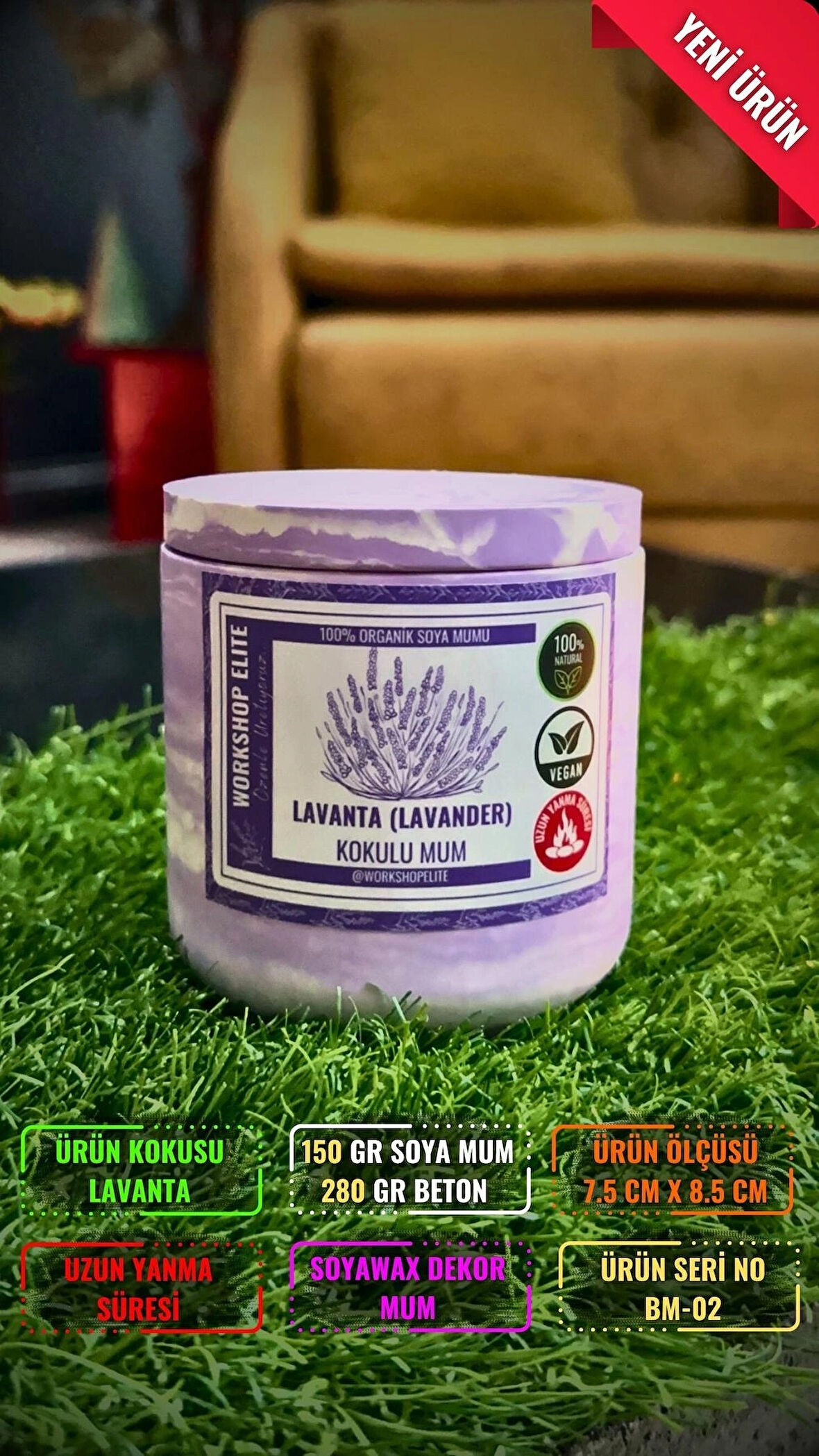 Workshop Elite Aroma Terapi Uzun Boy Kapaklı Soya Wax Lavanta Kokulu Mum