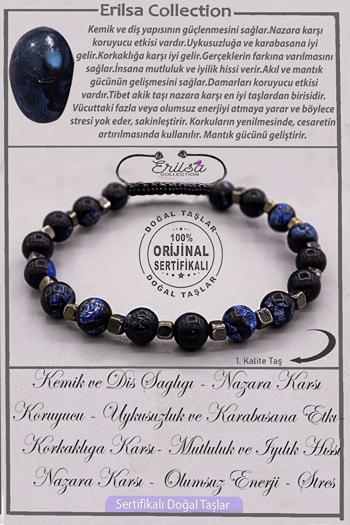 Sertifikalı AAA+ Kalite Gerçek Terahertz - Mavi Tibet Akik Taşı Bileklik - Ayarlamalı