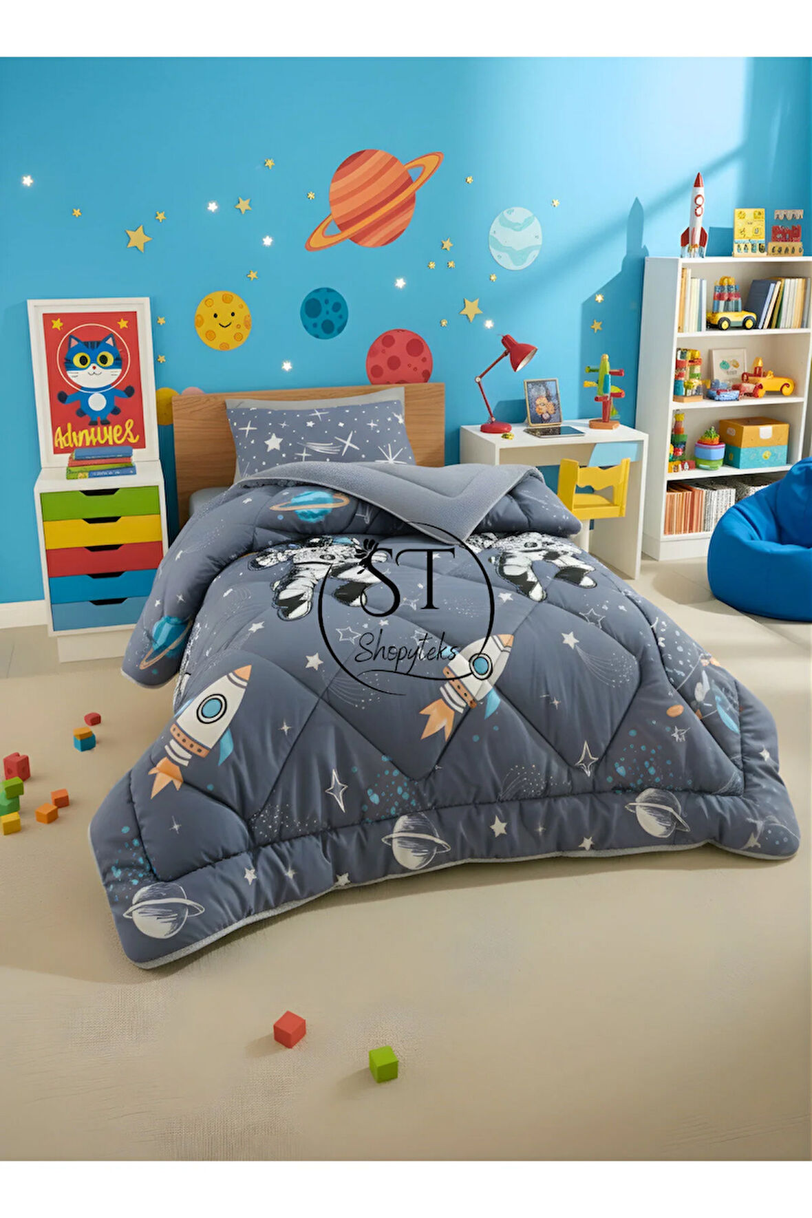 Tek Kişilik Astronot Desenli Çift Taraflı Wellsoft Uyku Seti