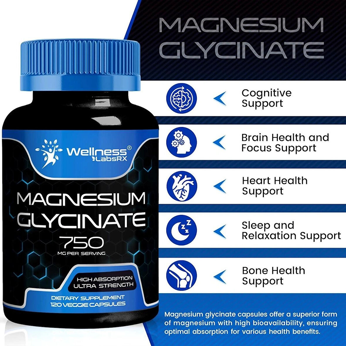 Wellness Labs Magnesium Glycinate for Magnesium Chelate Women and Men 750mg 120 Caps