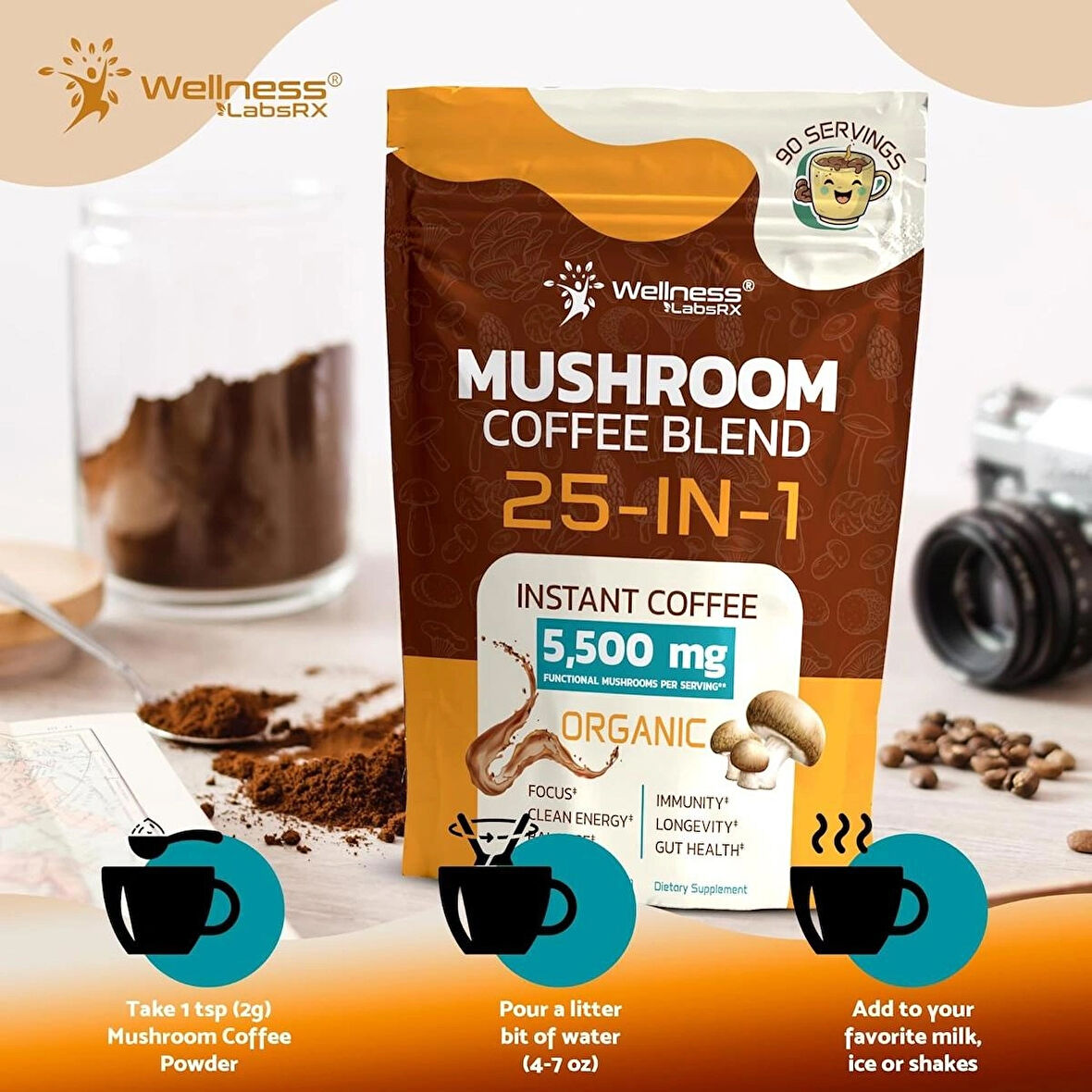 Wellness Labs Reishi Mushroom Coffee in-1 Lions Mane Shiitake 90 Servings