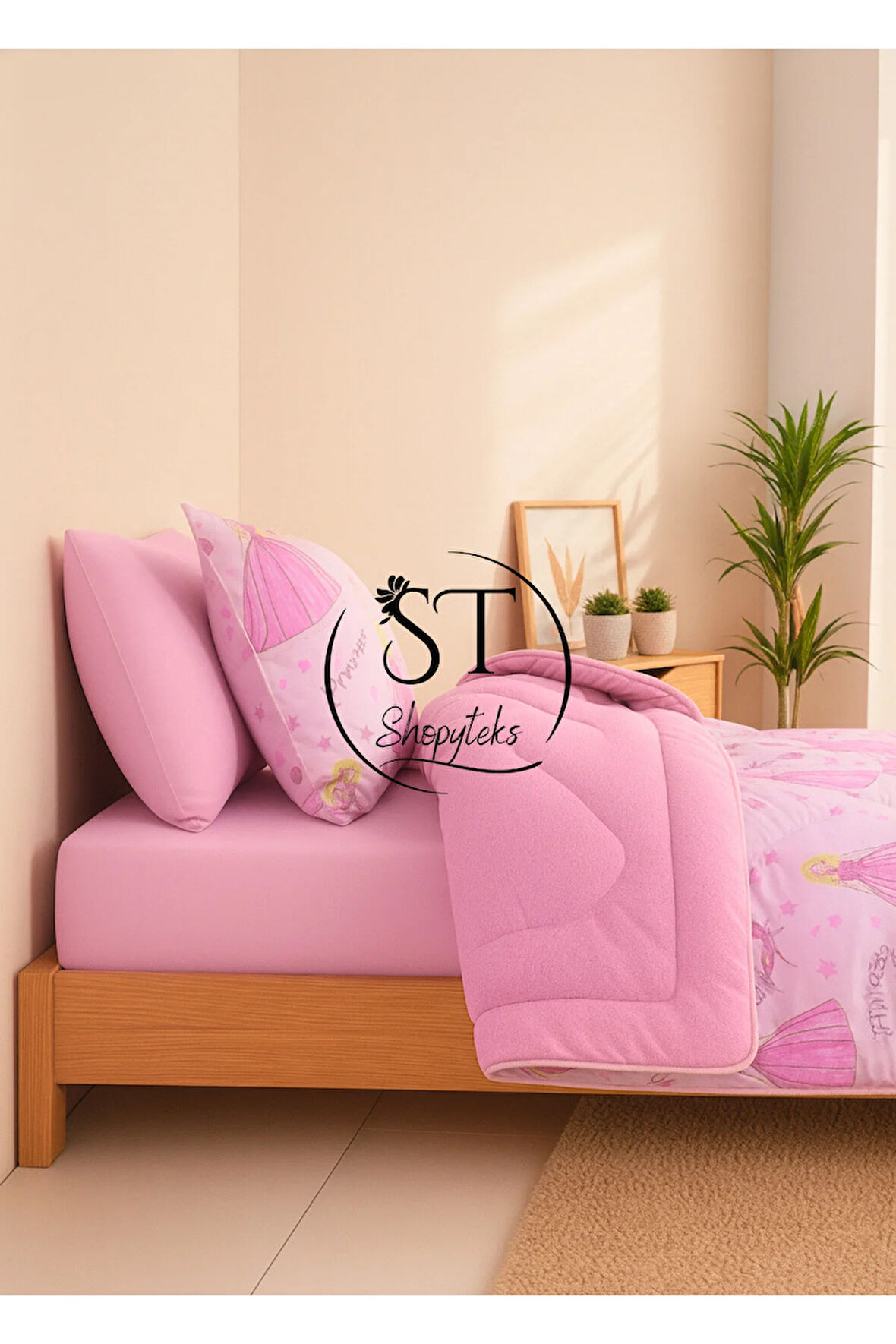 Tek Kişilik Prenses Desenli Çift Taraflı Wellsoft Uyku Seti (Yorgan+Çarşaf+Yastık Kılıfı)