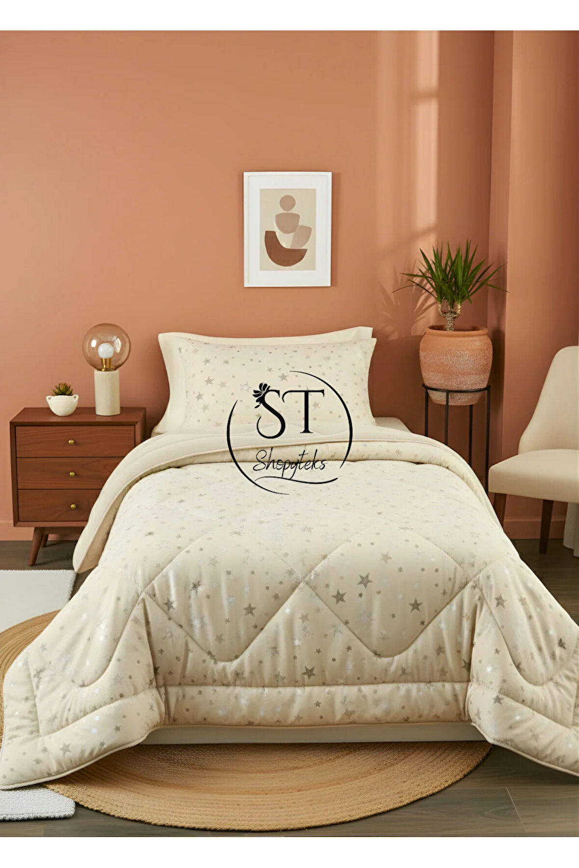 Tek Kişilik Welsoft Yorgan Uyku Seti Bej Yıldız | Lastikli Çarşaflı | Çeyiz Seti | Çeyiz Takımı