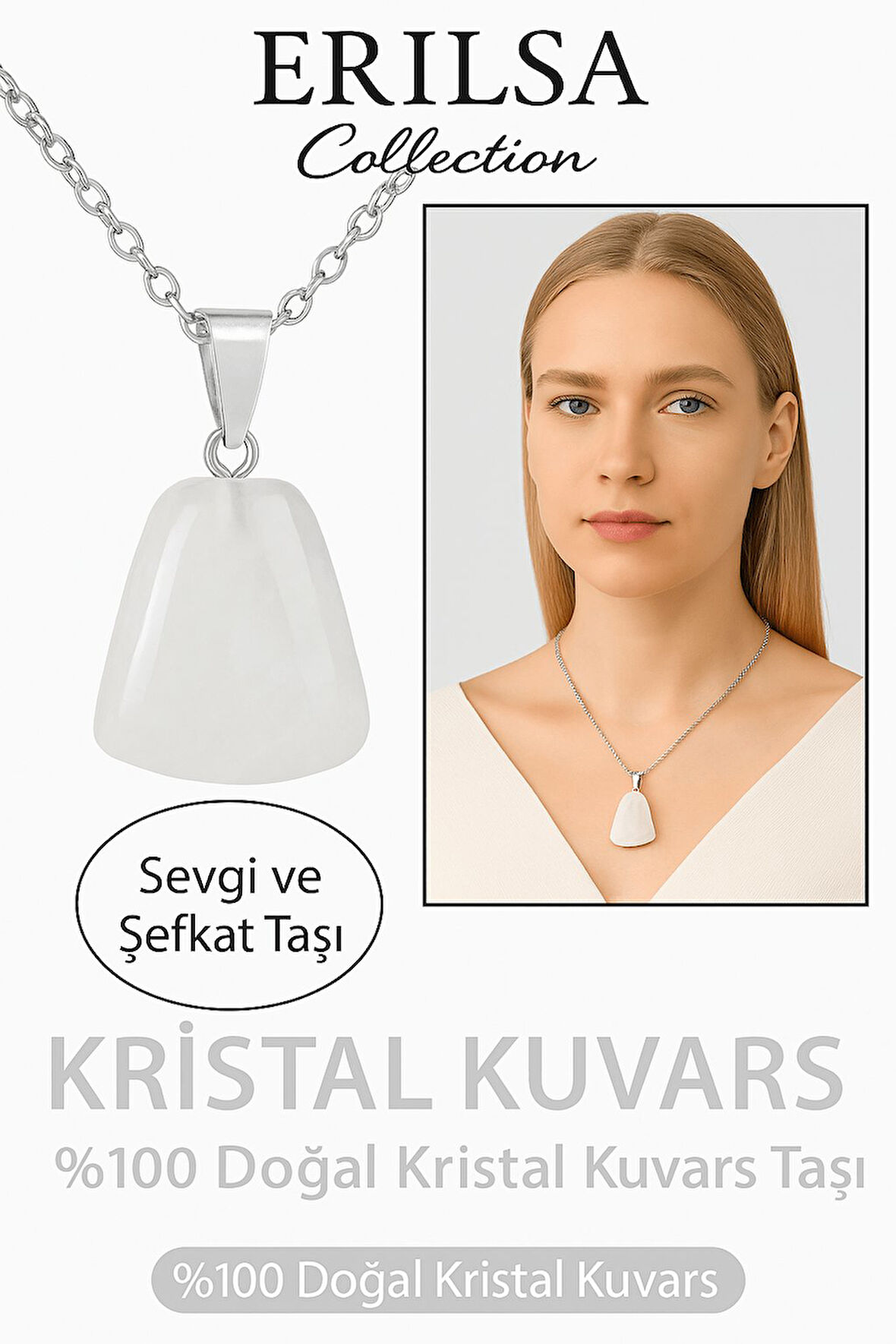 Sertifikalı AAA+ Kristal Kuvars Taşı Kolye – Beşgen Model, Gümüş Aparatlı