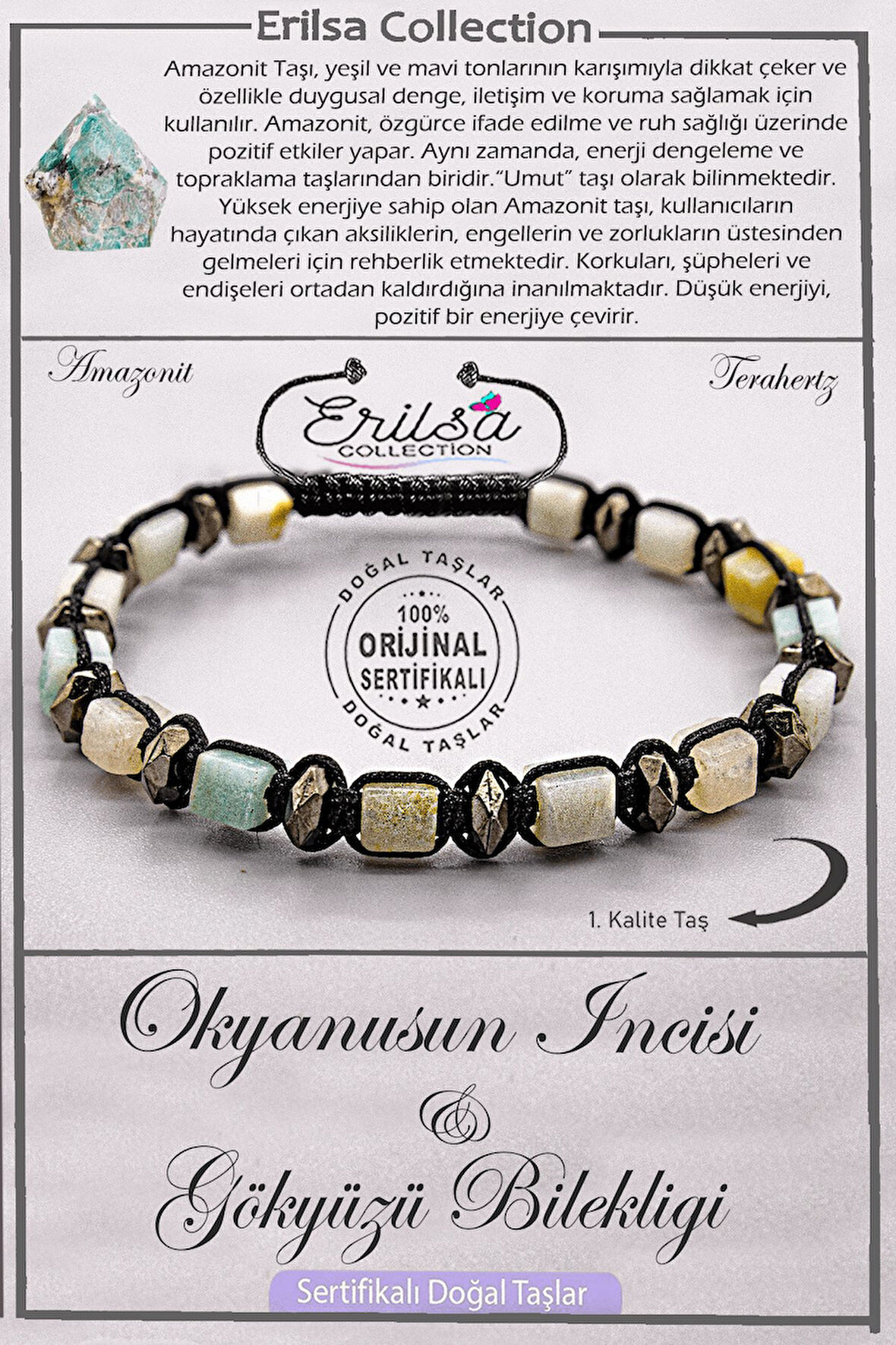 Sertifikalı Küp Model AAA+ Kalite Doğal Amazonit Taşı - Duygusal Denge İletişim Denge Bilekliği