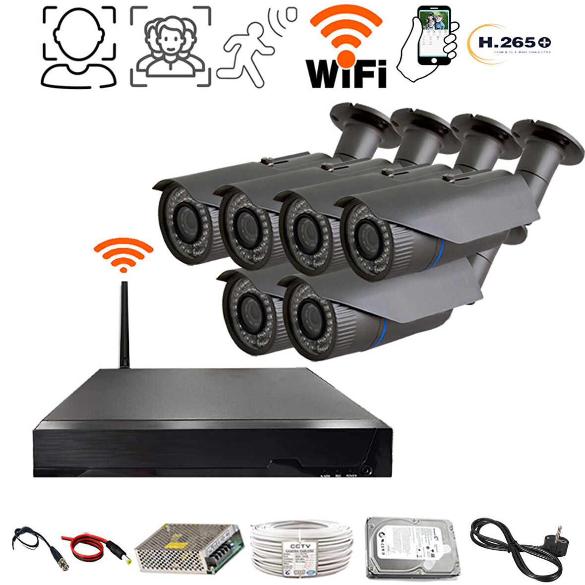 WIFI Lİ 500GB HDDLİ 6 KAMERALI İNSAN YÜZ VE HAREKET ALGILAYAN GÜVENLİK KAMERASI SETİ
