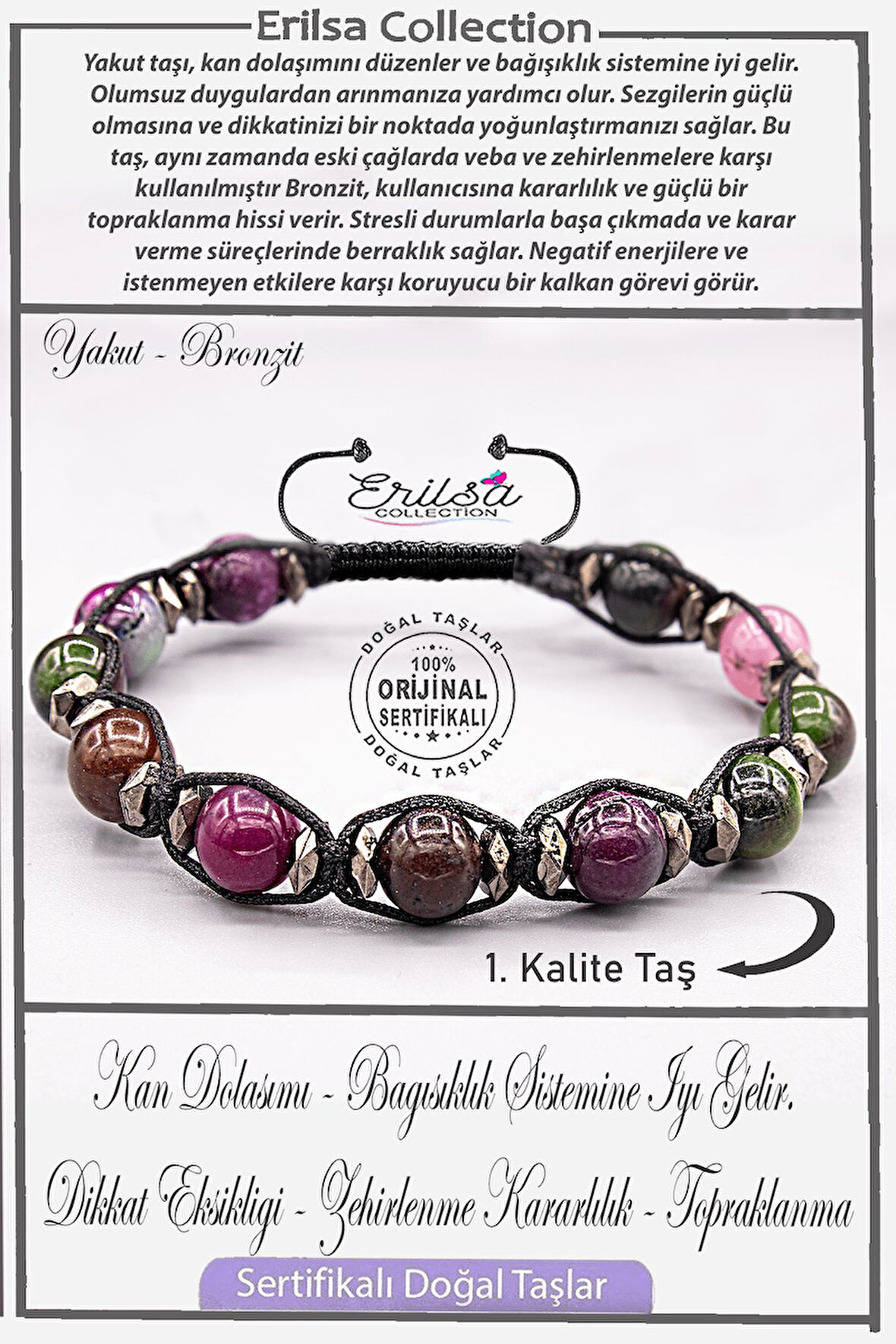 Sertifikalı AAA+ Kalite Gerçek Terahertz - Yakut Bronzit Taşı Bileklik