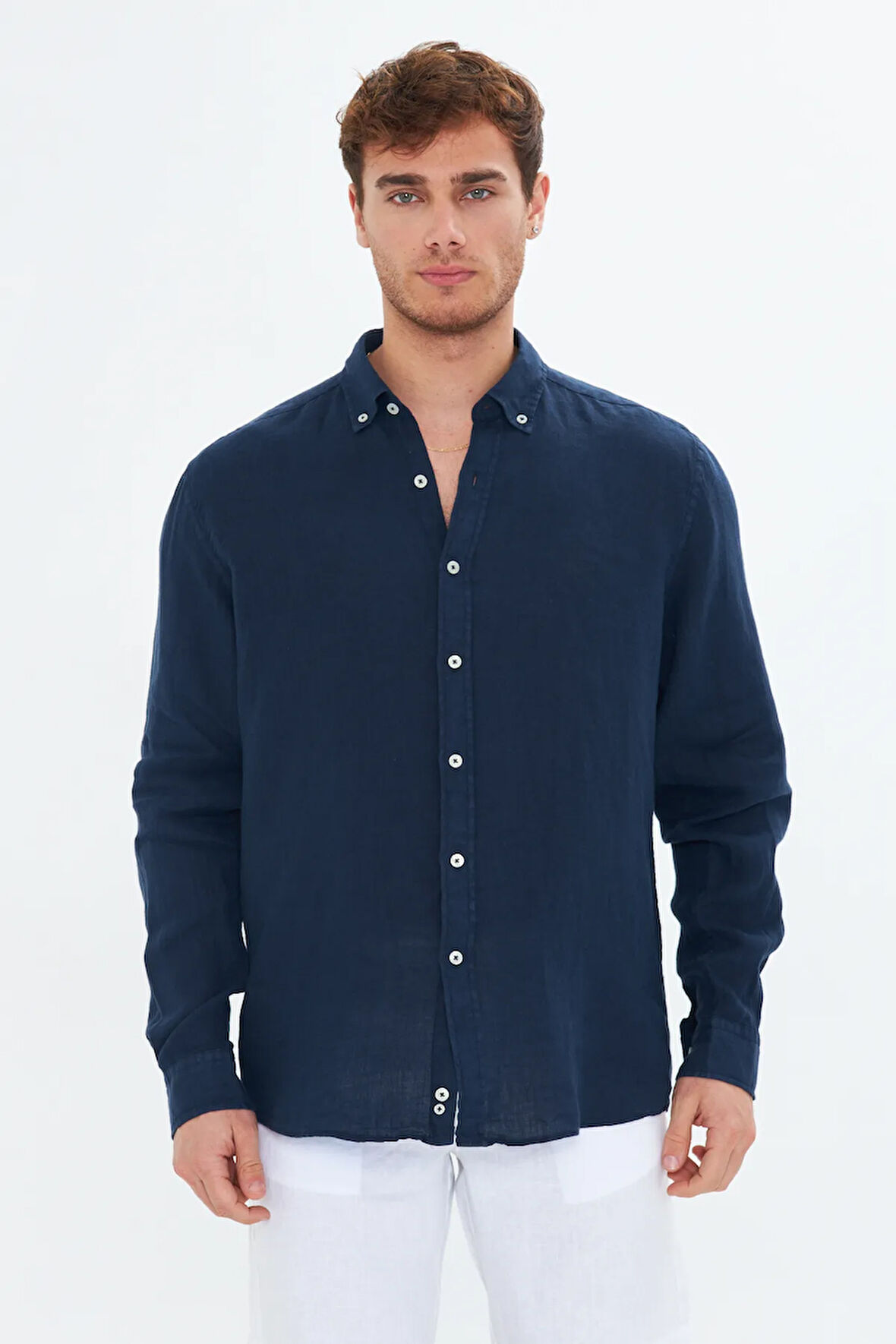 Lacivert Erkek Keten Gömlek