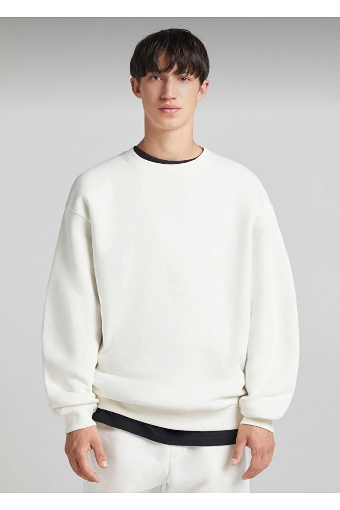 Beyaz Pamuklu Unisex Oversize Basic Bisiklet Yaka Sweatshirt