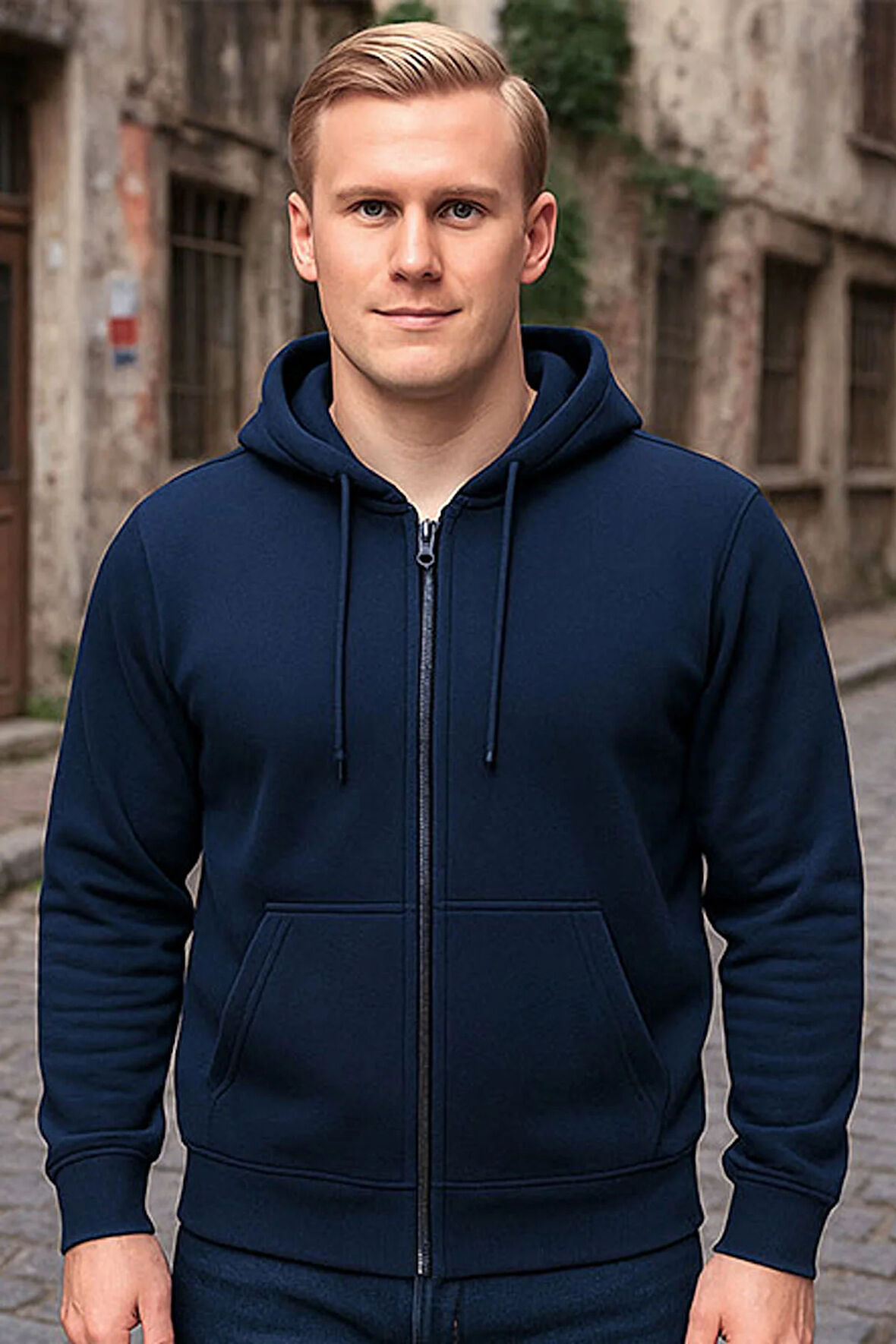 Lacivert Kapşonlu Fermuarlı Sweatshirt