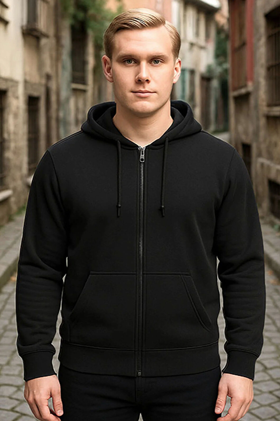 Siyah Kapşonlu Fermuarlı Sweatshirt