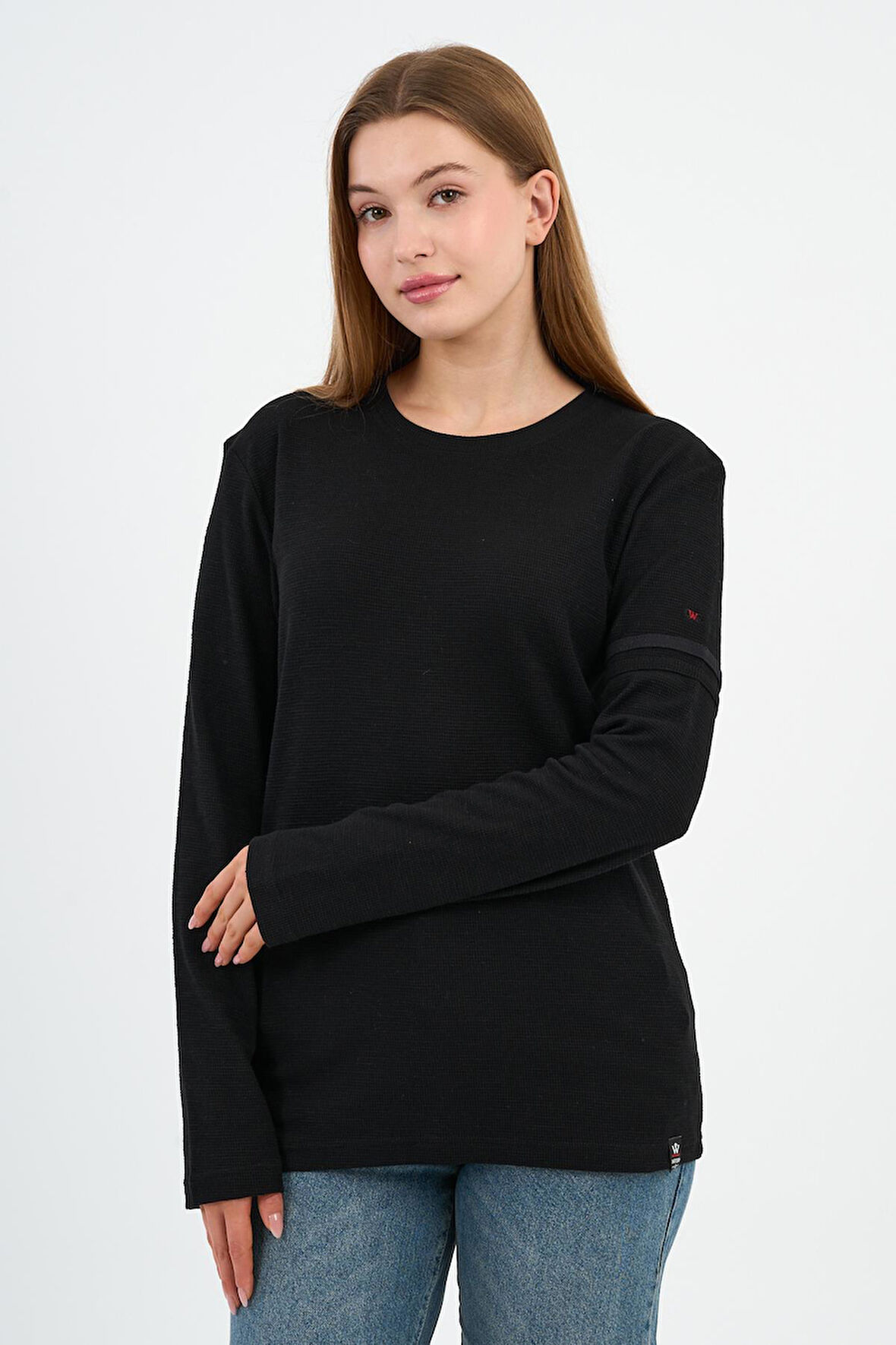 Kol Detaylı Bisiklet Yaka Basic Sweatshirt (WK25425) 