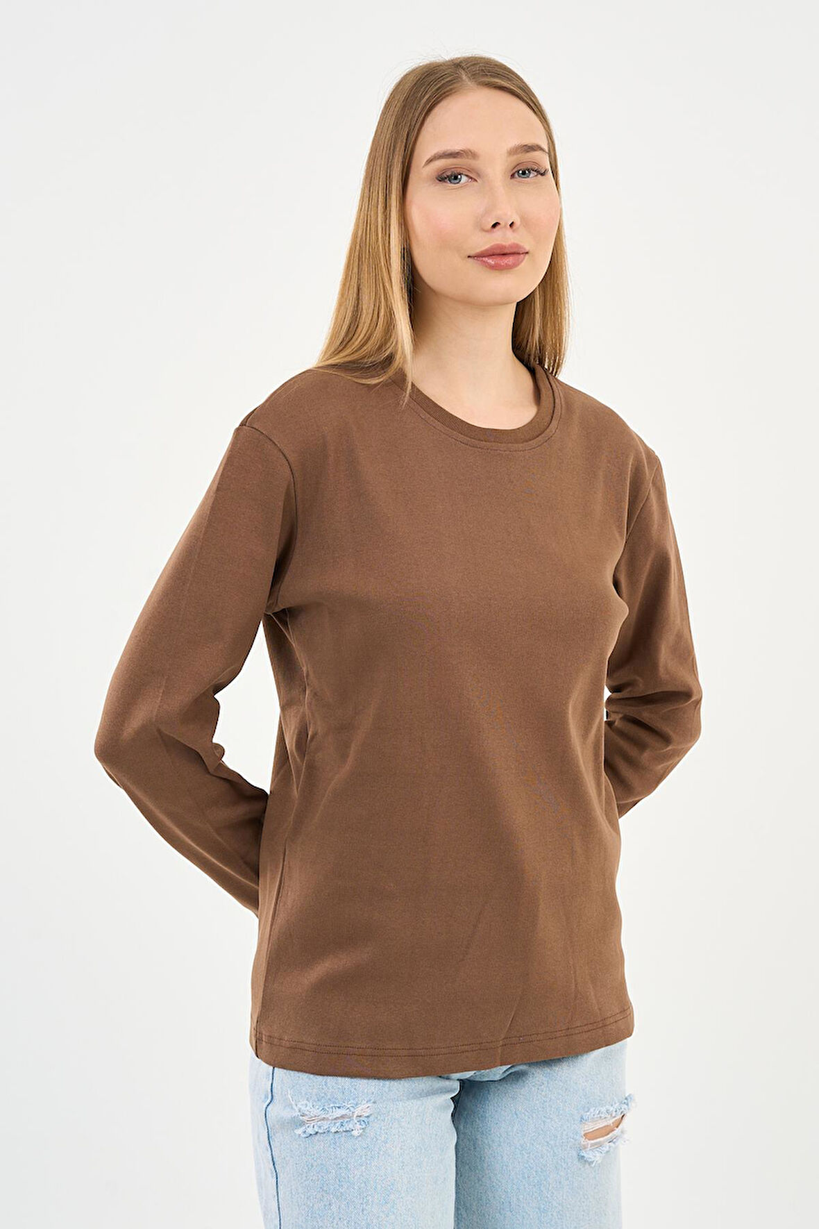 BİSİKLET YAKA BASİC LİKRALI SWEATSHIRT (WK25512-WN)