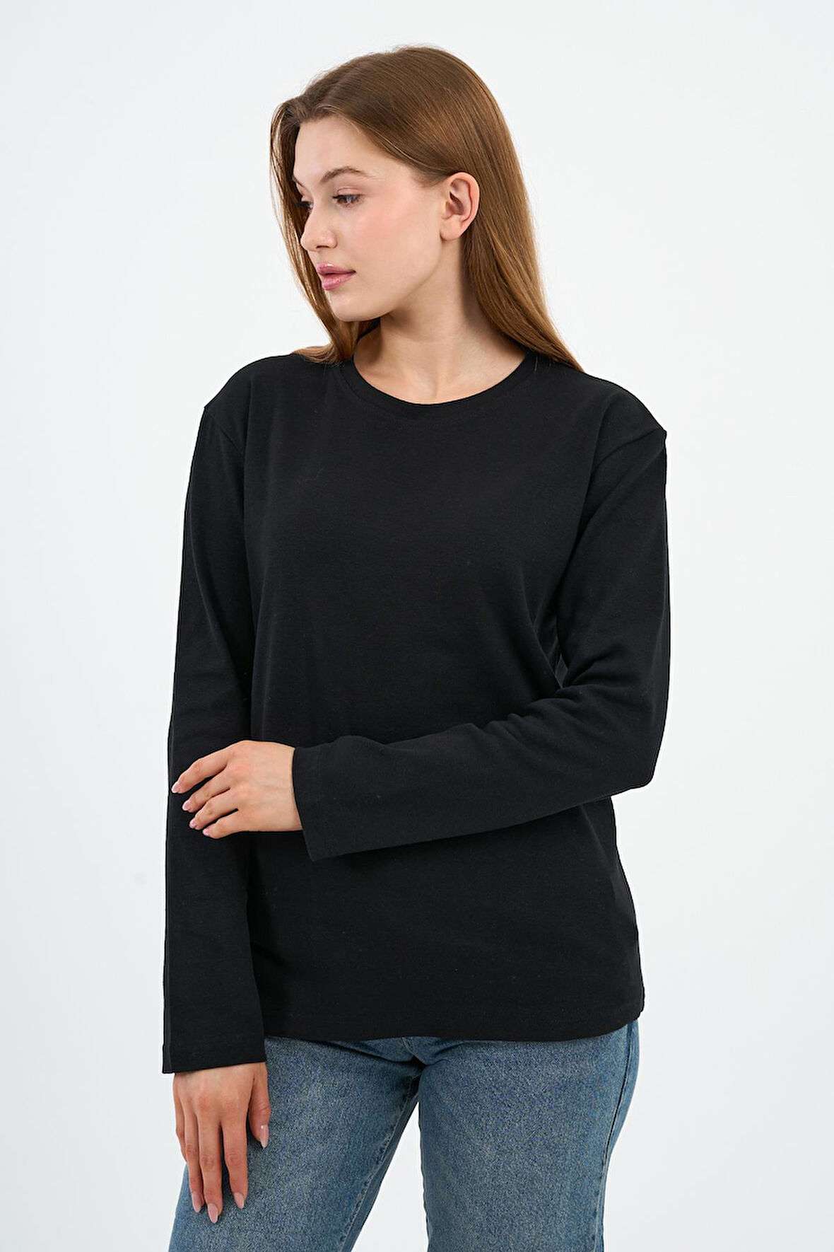BİSİKLET YAKA BASİC LİKRALI SWEATSHIRT (WK25512-WN)