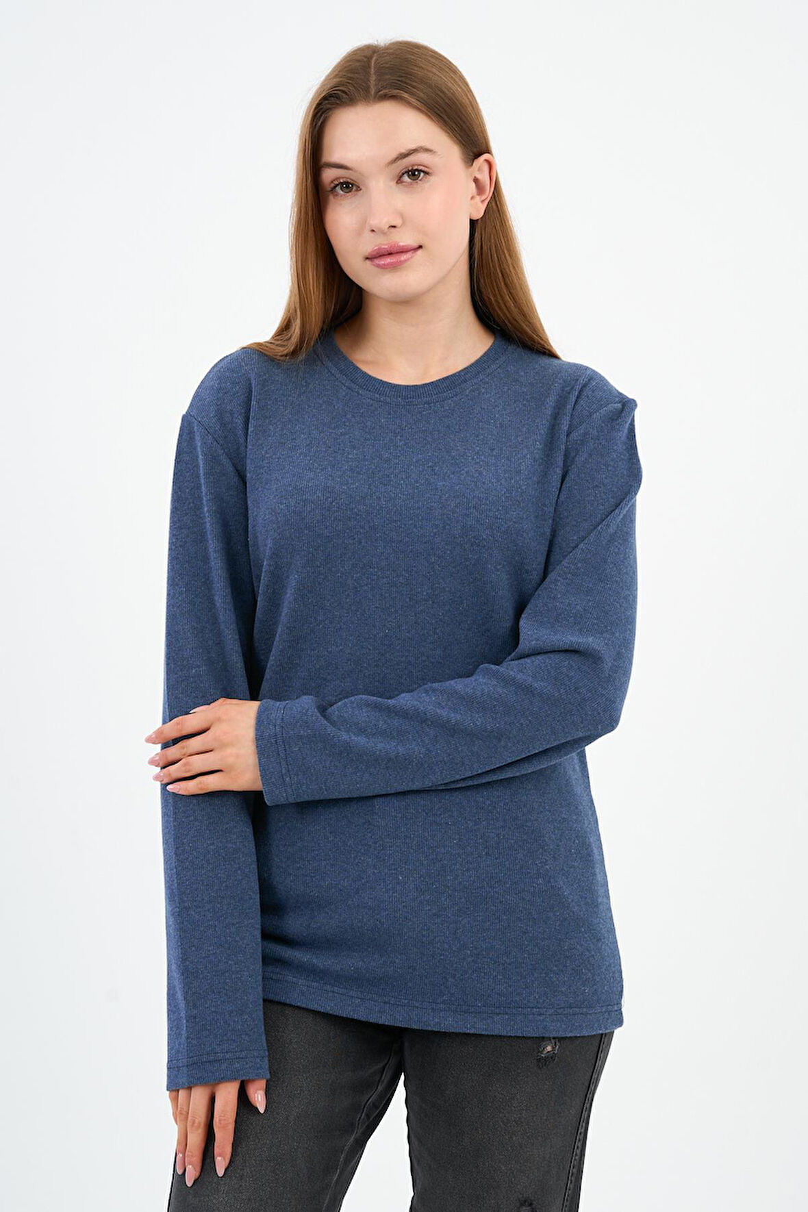 Bisiklet Yaka Likralı Uzun Kollu Kaşkorse Sweatshirt (WK25588)