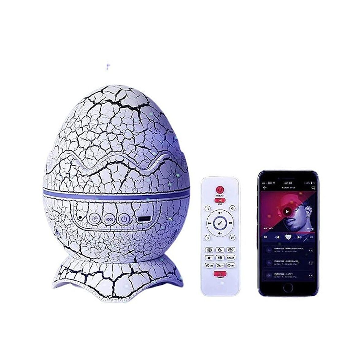 Wodimark Dinozor Yumurta Galaksi Işık Projektörü – Kumandalı Bluetooth Hoparlörlü Gece Lambası, Dönen Yıldızlı Gökyüzü ve Lazer Efektli Müzik Çalar