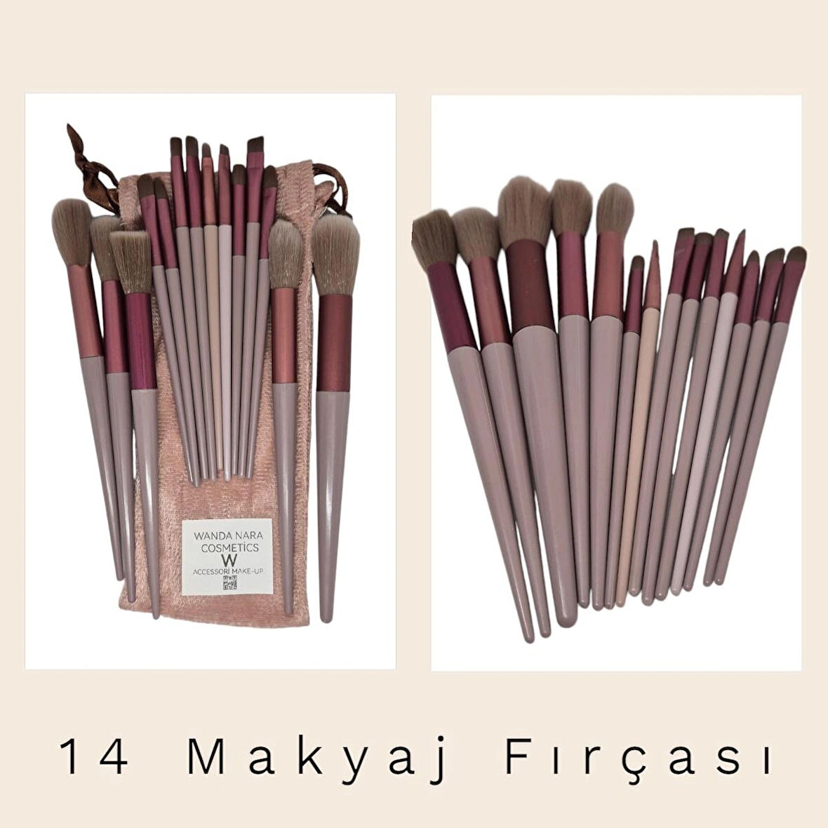 Wanda Nara Cosmetics Profosyonel Premium Beauty Kahve-Gri Makyaj Aplikatör Fırçası 14 Lü Set