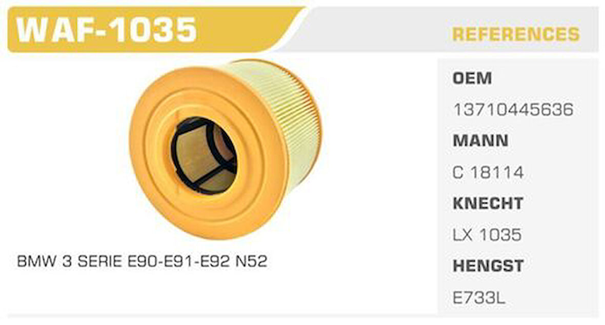 Winkel WAF-1035 Hava Filtresi BMW 3 E90 E91 E93 BMW X1 E84 04-130I 125I 323I 325I 330I Kolı: 20 Ad 
