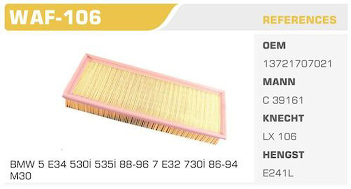 Winkel WAF-106 Hava Filtresi BMW 5 E34 E39 BMW 7 E32 E38 540i 535I 540i 740I 840I Kolı: 20 Ad 
