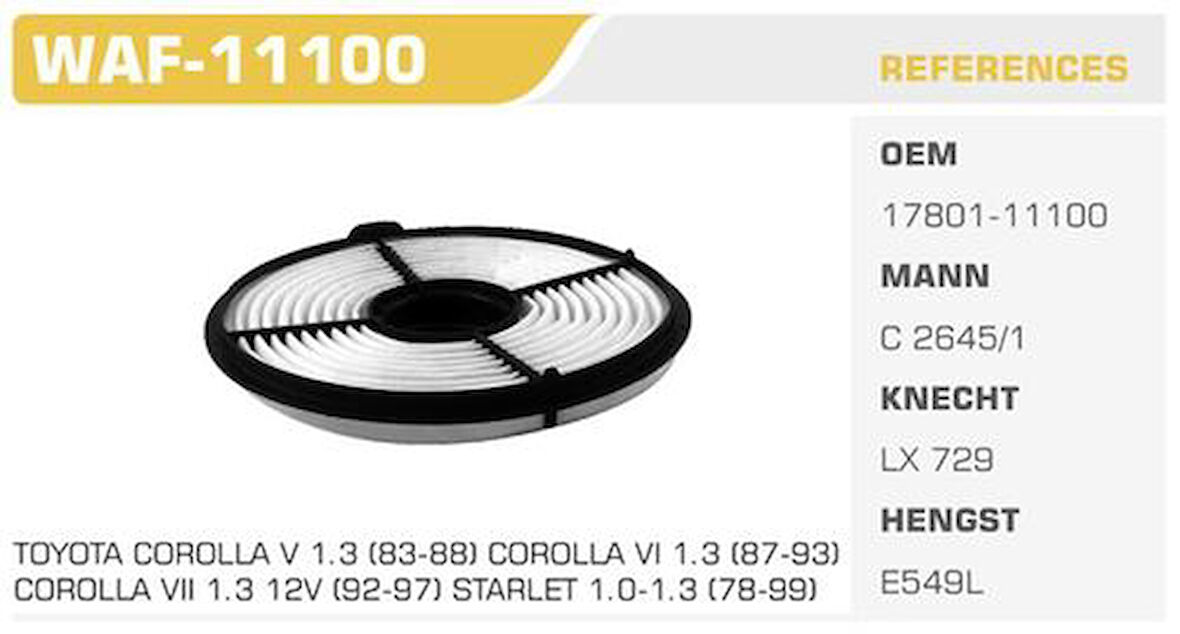 Winkel WAF-11100 Hava Filtresi Corolla 88-98 1.3 2E Kolı: 40 Ad FN3328