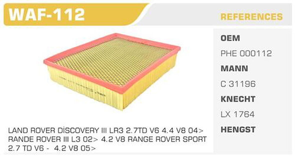 Winkel WAF-112 Hava Filtresi Range Rover 4x4 09-3.0TD Kolı: 20 Ad FN6005