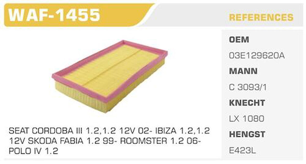 Winkel WAF-1455 Hava Filtresi Polo IV Cordoba 06-Ibiza IV Fabia IV 1.2 12V BME Azq Kolı: 36 Ad FN4706