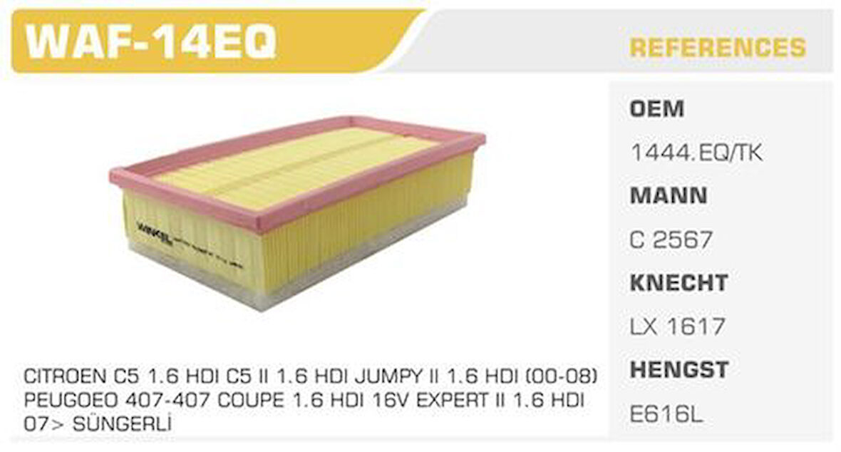 Winkel WAF-14EQ Hava Filtresi Scudo 407 04-Expert C5 Jumpy 1.6 HDI 1.6 Multijet DV6Ted4 Kolı: 54 Ad FN3905