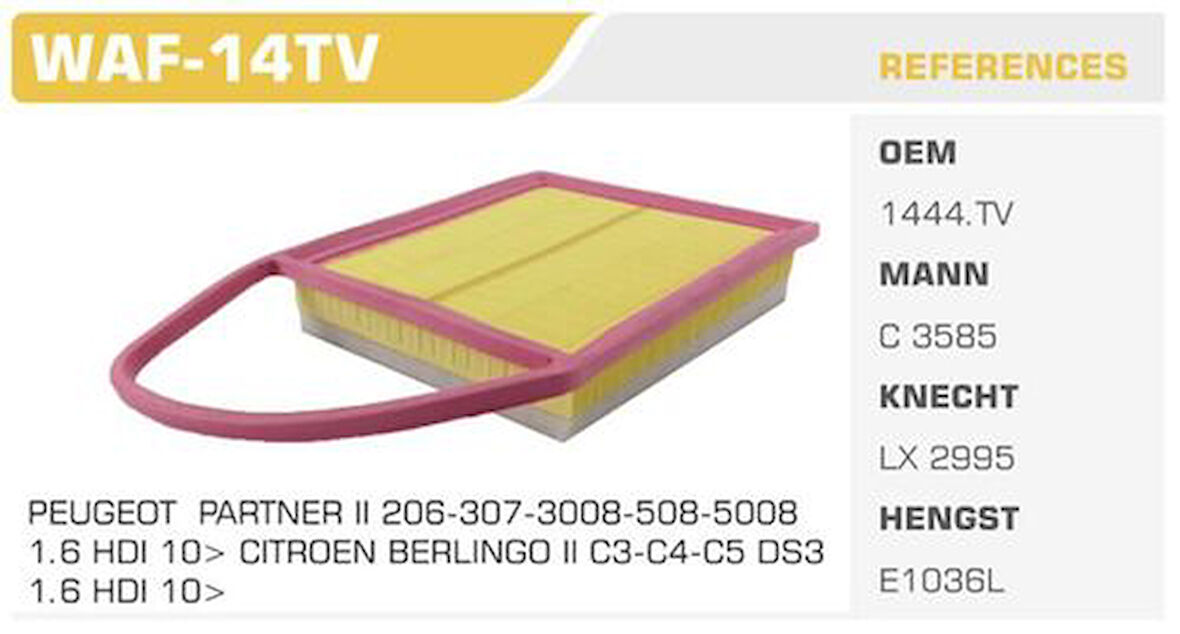 Winkel WAF-14TV Hava Filtresi 206 207 308 508 Partner C3 C4 II C4 Cactus C5 II Berlingo 1.6 HDI Kolı: 37 Ad FN0120