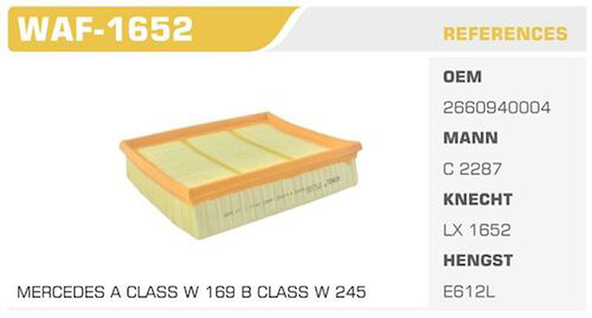 Winkel WAF-1652 Hava Filtresi Mercedes A150 A160 A170 A180 A200 B150 B160 B170 B180 B200 Kolı: 36 Ad FN4802