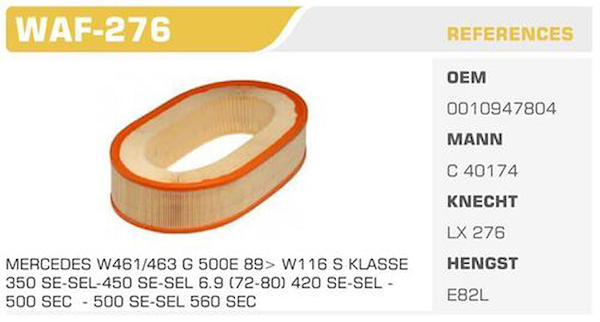 Winkel WAF-276 Hava Filtresi Mercedes S-Serisi W126 560 Sel 242Hp 85-91 Kolı: 20 Ad 