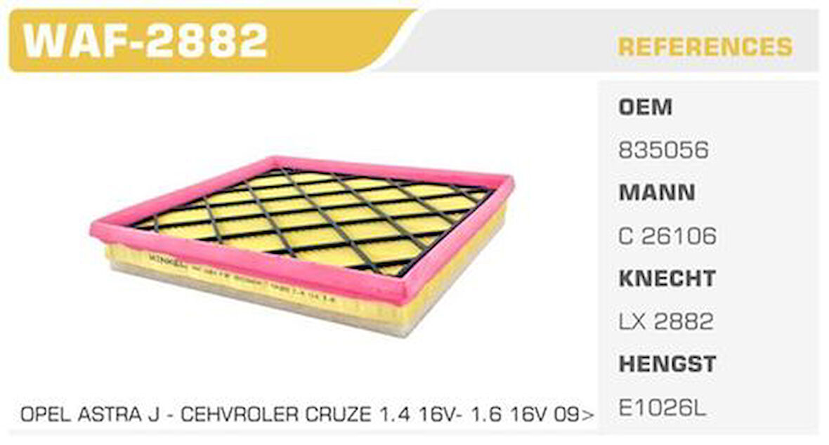 Winkel WAF-2882 Hava Filtresi Astra J Cruze 1.4 100Hp 1.6 115Hp Kolı: 28 Ad FN0232