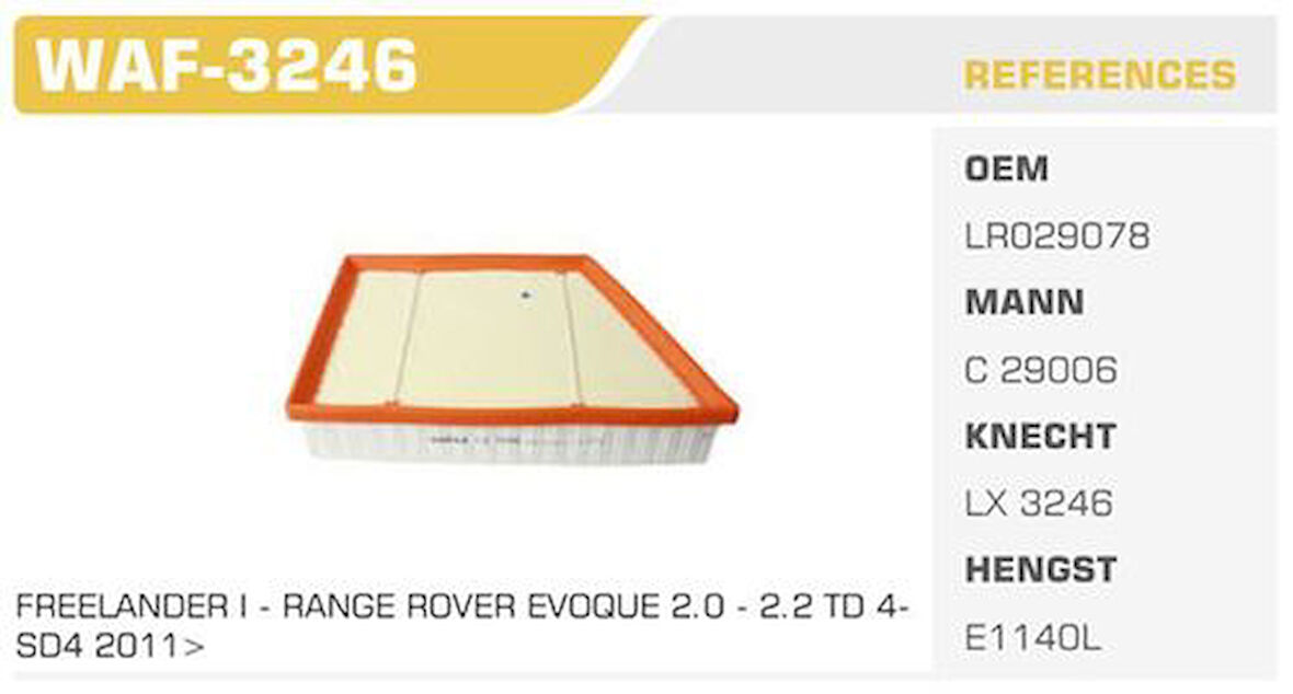 Winkel WAF-3246 Hava Filtresi Discovery Sport 14-Freelander II 11-Range Rover Evoque 11-2.0 SI4 Kolı: 20 Ad 