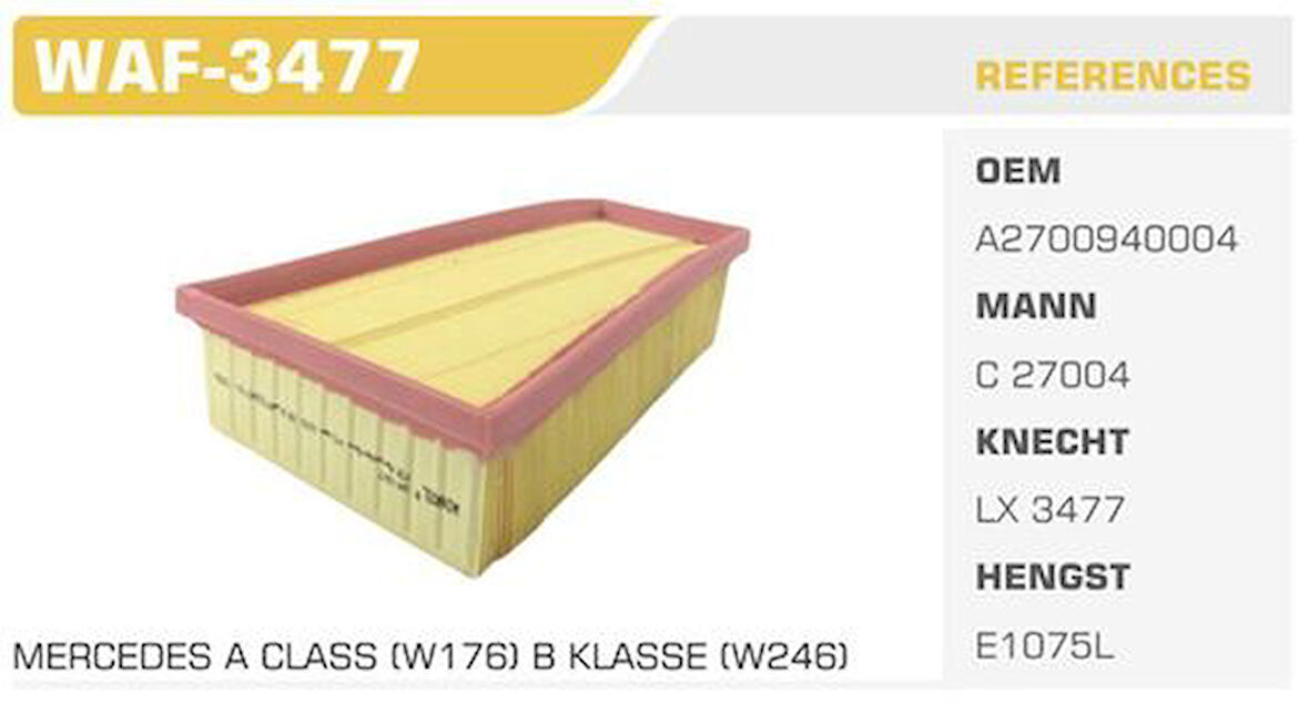 Winkel WAF-3477 Hava Filtresi Mercedes A180 A200 A250 B180 B200 B220 B250 CLA 180 200 250 Gla 200 250 Kolı: 40 Ad FN4821
