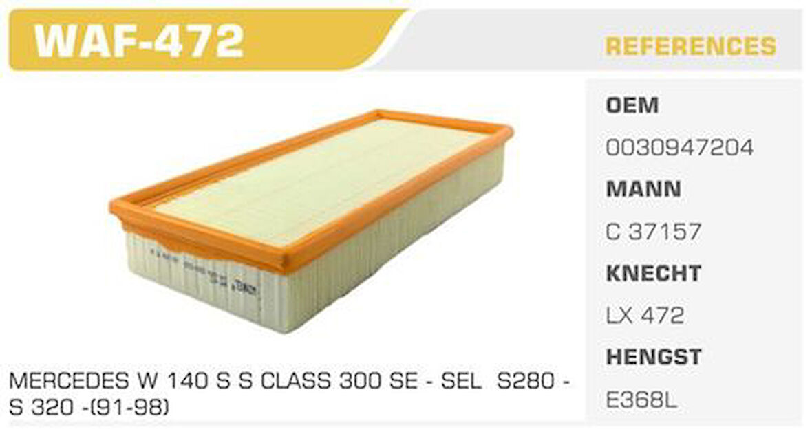 Winkel WAF-472 Hava Filtresi Mercedes S-Serisi W140 S 280 197Hp 93-98 Kolı: 20 Ad 