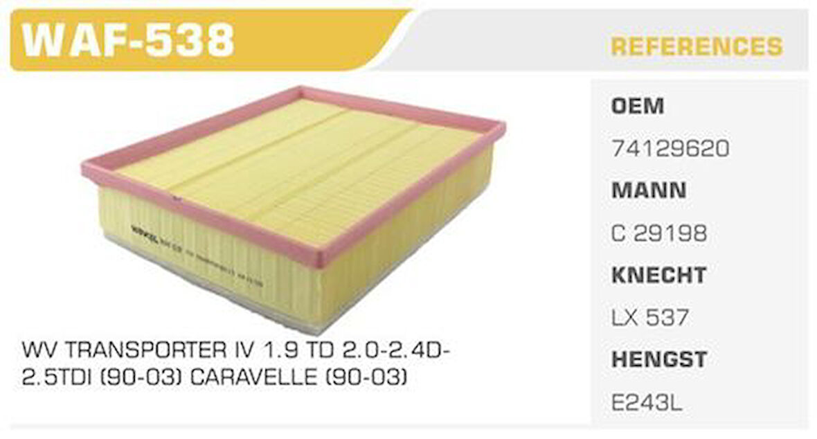 Winkel WAF-538 Hava Filtresi Transporter T4 95-2.4 2.5 TDI Kolı: 24 Ad FN0014