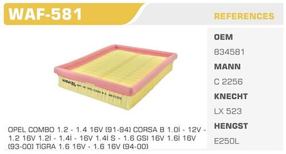 Winkel WAF-581 Hava Filtresi Corsa B Combo Tigra 1.4 1.6 16V C14NZ Kolı: 36 Ad FN4301